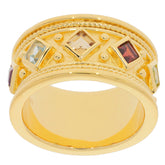 Elegant gold ring featuring Princess cut Amethyst, Citrine, Garnet, and Topaz gemstones in a textured band.